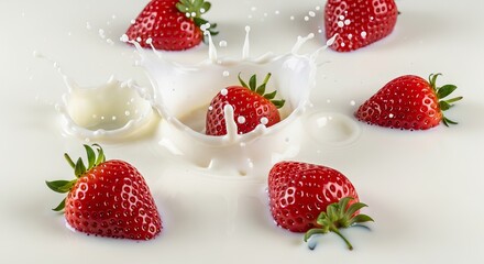 Strawberries falling into milk creating a splash with berries around on a white surface closeup view