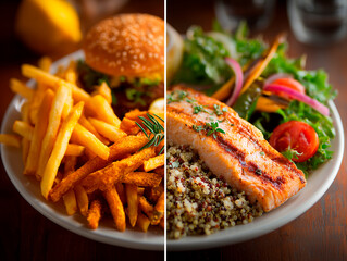 
split view: left side fast food meal with greasy burger and fries, unhealthy glow; right side shows a clean plate with grilled salmon, quinoa, and vegetables, wellness style
