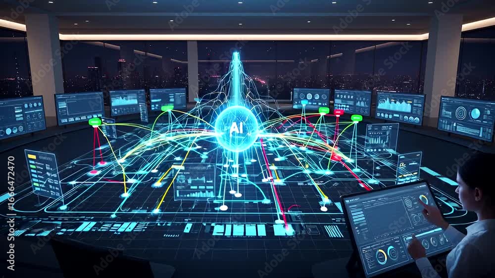 Aufkleber futuristic ai data visualization in control room, high tech analytics and network