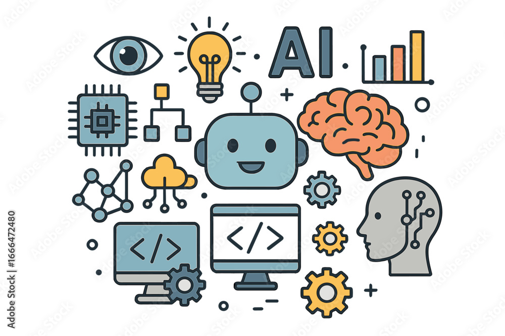 Fototapete artificial intelligence concept. ai technology, machine learning, and data science icons. robot, bra