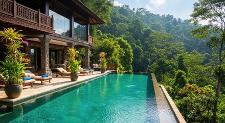 Obraz premium Luxurious villa with infinity pool overlooking lush tropical forest vacation destination