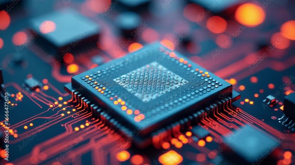 Poster a high-magnification image of a computer chip on a printed circuit board, useful for electronics or 