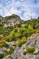 Mountain Landscape, Power Lines, Cloudy Sky
