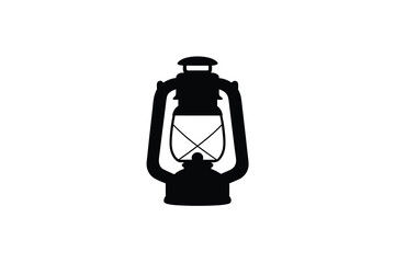 A black silhouette of a classic old lantern with handle and glass panel