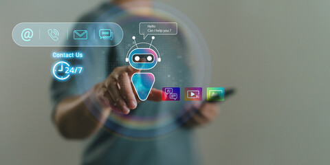 AI chatbot assistant offering 24/7 customer support through virtual interface. Communication tools for productivity, smart artificial intelligence and digital assistant bot for instant online service.