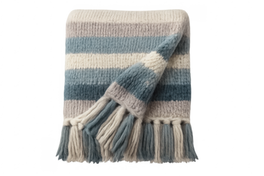 Folded knitted striped throw blanket with tassels on transparent background