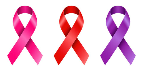 Three awareness ribbons in pink, red, and purple, symbolizing support for various causes, isolated on transparent background