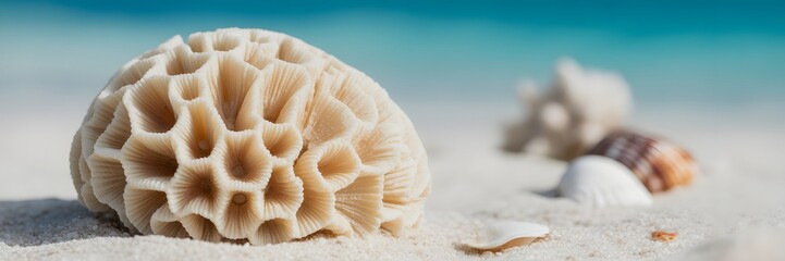 Coastal Coral's Embrace: A stunning close-up showcases a pristine coral specimen resting gently on soft sands, the crystal-clear ocean providing a picturesque backdrop. 