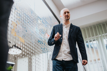 A confident professional explaining concepts next to a glass whiteboard in a bright and modern office setting, encouraging strategic thinking and collaboration.