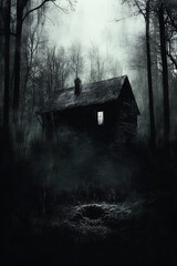 Horror Novel Book Cover: A Spooky Cabin in a Haunted Forest.