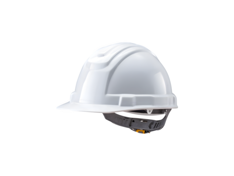 A white construction helmet designed for safety in construction environments

