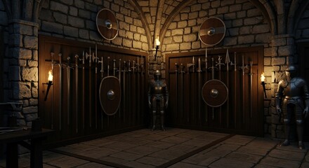 Fototapeta premium Medieval armory gate with knightly armor guard displaying a collection of swords and shields inside a stone fortress providing historical and fantasy appeal 150 200 words