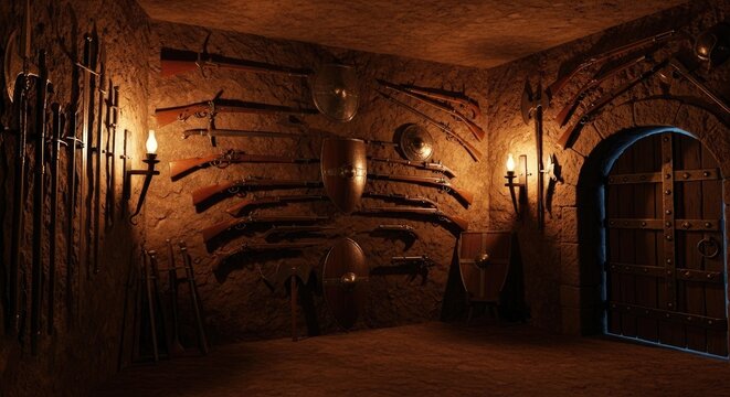 Medieval armory with antique weapons and shields in stone chamber