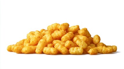 Pile of crunchy corn puffs on white background. Artificial intelligence image