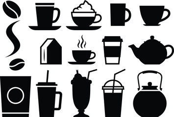 WebCoffee cup icons, tea mug silhouettes, takeaway drinks, teapot symbols, beverage containers, black vector set, cafe menu design elements