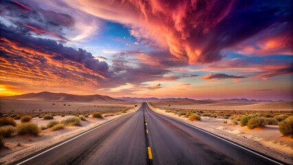 Naklejka premium Desert highway at sunset with dramatic sky