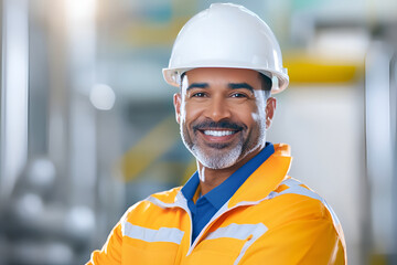 Male engineer wearing hard hat smiling in industrial environment