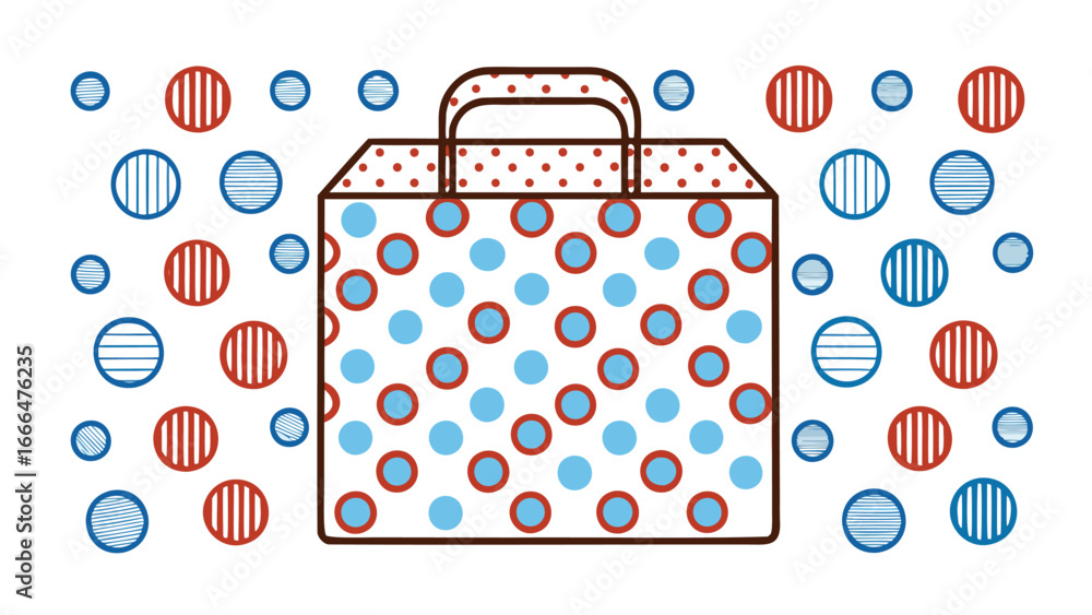 Poster a polka dotted bag surrounded by circles with lines and solid color circles design art