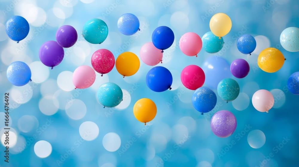 Aufkleber overhead shot of colorful balloons and confetti with blurred bokeh lights and sharp copy space, fest