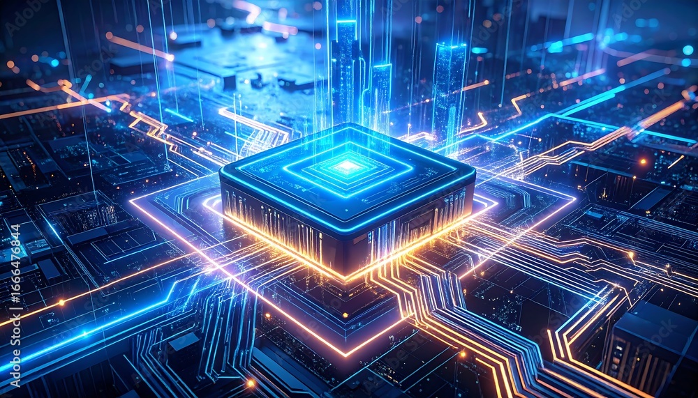 Poster a complex circuit board with processor chips and digital paths illustrates the futuristic concept of