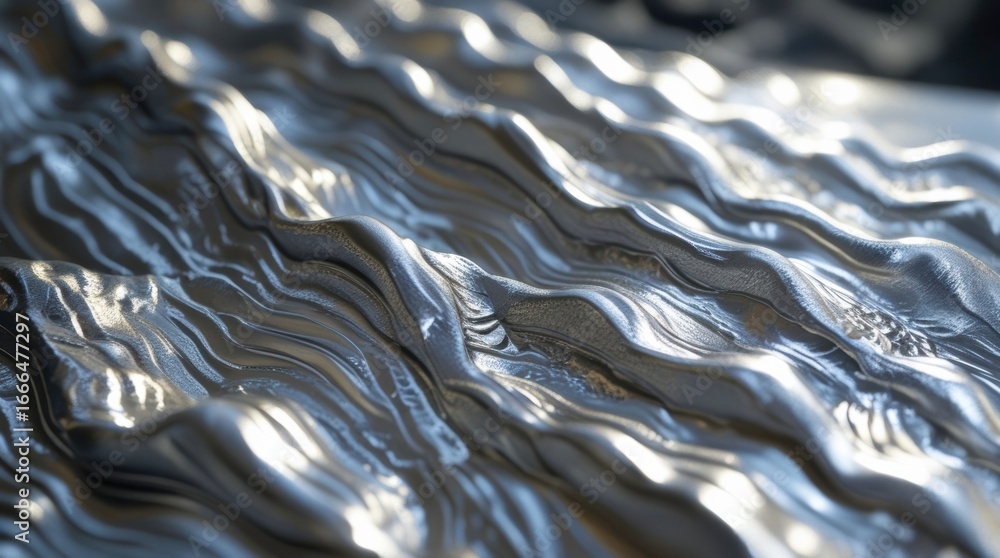Poster Metallic Waves: An artistic close-up captures the mesmerizing ripple of metal, reflecting light and shadow in an abstract pattern.