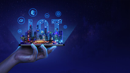 Smart network and connection technology concept with bangkok city background at night