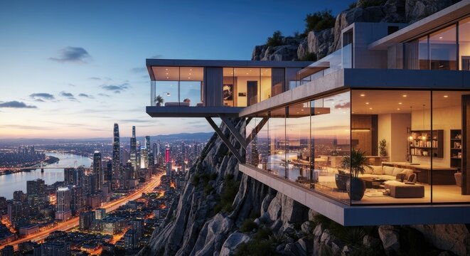 Modern house on cliffside overlooking city scape architecture and design - Powered by Adobe