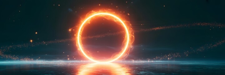 Celestial Portal: A breathtaking, futuristic scene of a vibrant, glowing portal shimmering in the center of a dark, reflective expanse of water, evoking wonder and mystery.