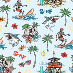 Vibrant surf design with skeleton shark