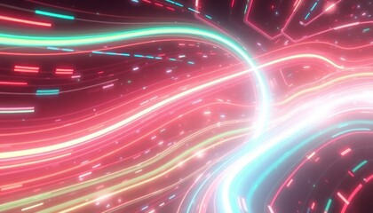 Naklejka premium Dynamic abstract background featuring luminous flowing lines and digital particles, representing data transfer, internet speed, and modern technology. Ideal for business, science, or future concepts.