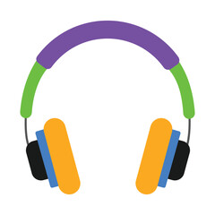 A vibrant and colorful flat vector icon of a pair of over-the-ear headphones with a purple and green headband and orange earcups.