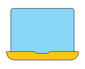 A simple flat design vector illustration of an open laptop computer with a yellow base and a blank blue screen.