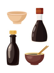 Soy sauce bottle and bowl. Flat vector clipart, illustration with isolated background.