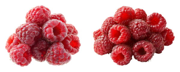 Two piles of fresh red raspberries