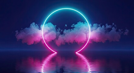 Vibrant neon oval ring illuminating through ethereal clouds reflected on a dark water surface