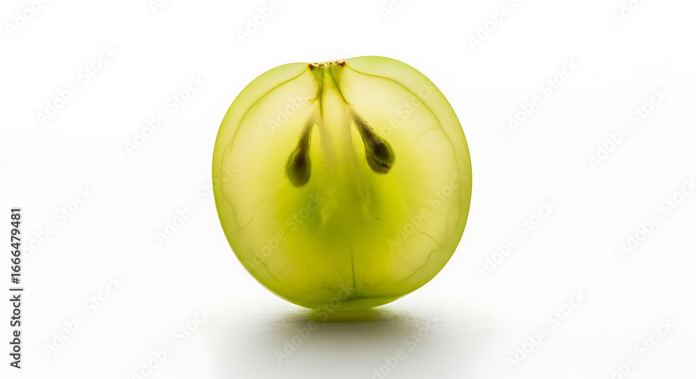 Poster close up of a halved green grape with seeds visible against a white background in studio lighting ai