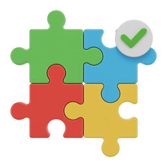 Fototapeta premium Colorful puzzle pieces with check mark isolated on transparent background, symbolizing teamwork, problemsolving, and successful completion of task