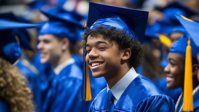 Happy graduates in blue caps and gowns celebrating their achievement.