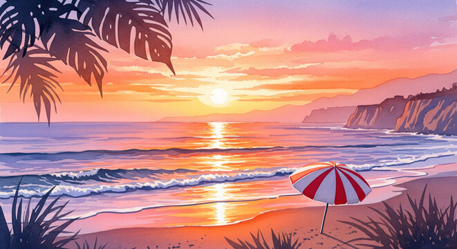Serene Watercolor Sunset: Coastal Beach Scene with Striped Umbrella, Palm Silhouette, and Gentle Waves.
