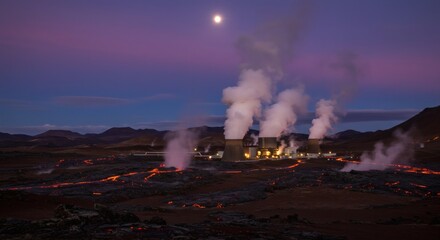 Fototapeta premium Geothermal Plant in Iceland Powering the Future under Moonlit Skies.