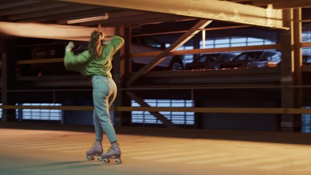 Young woman glides dancing on roller skates in parking garage