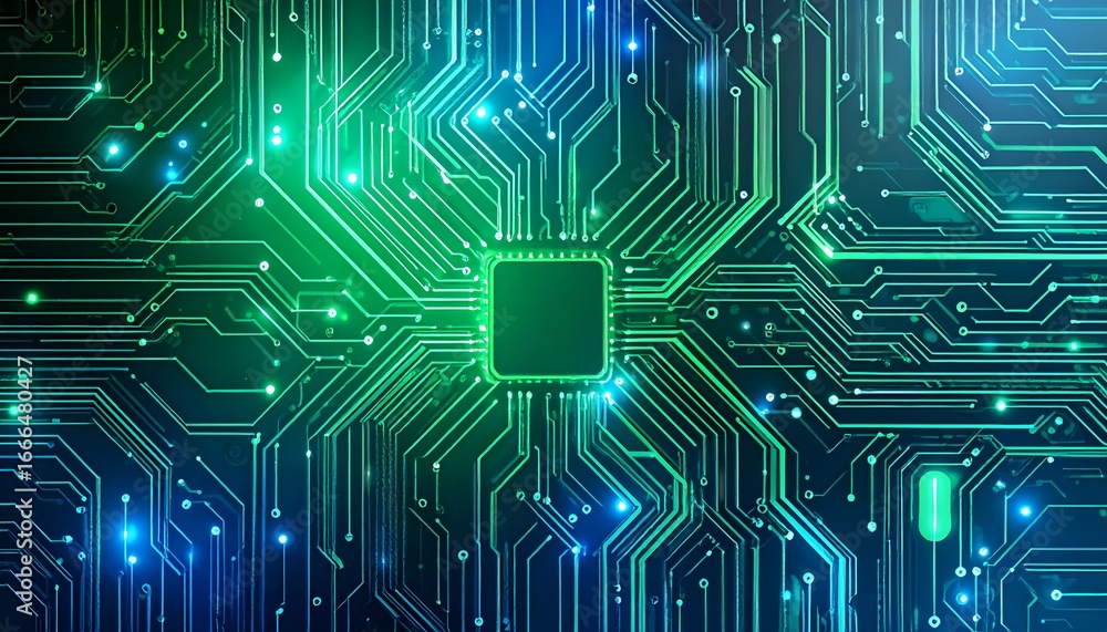 Poster blue electronic circuit board background with lines of technology and microchip hardware representin