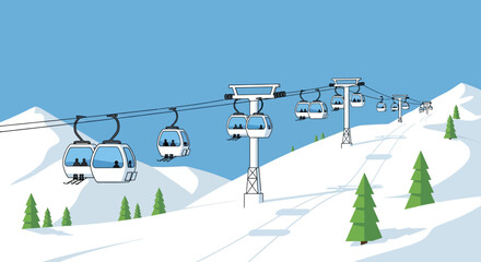 Ski lift ascending snowy mountain with skiers, winter vacation