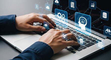 Person typing on a laptop with glowing digital interface showing ai and technology icons