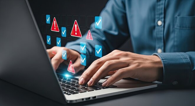 Man s hands typing on a laptop with glowing digital warning icons and data visualizations appearing above