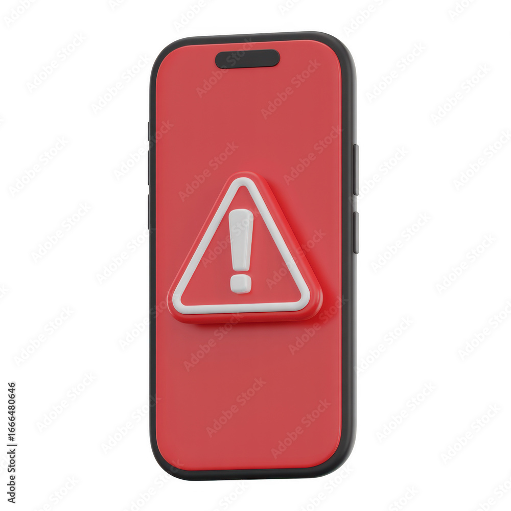 Fototapete 3d render of a red smartphone displaying an alert sign with exclamation mark isolated on transparent