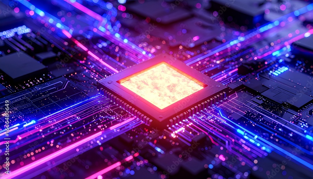 Aufkleber close-up macro view of a blue electronic circuit board, showcasing the intricate digital technology 