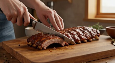 Cutting Tasty Glazed Ribs on Wooden Board Indoors