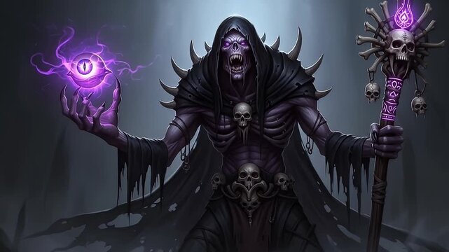 Sinister Pixel Art Sorcerer with Dark Magic Staff and Glowing Purple Orb in a Fantasy Setting with a Gothic Feel and Supernatural Elements