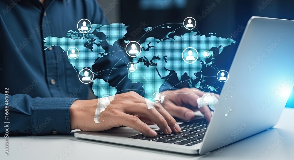 Poster hands typing on laptop with glowing digital world map and network connections overlay
